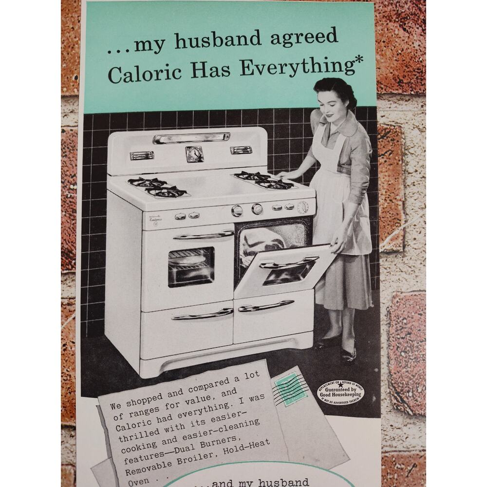 1950 Caloric Gas Range Happy Housewife Showing Off Kitchen‎ Stove Vtg Print Ad